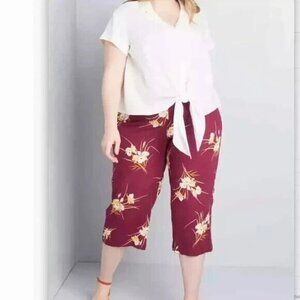 ModCloth Burgundy Floral Linen Wide Leg Crop Pants Sz 28 Plus NWT Hawaiian Women